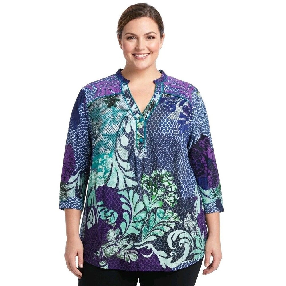 Liz & Me Womens Top 1X 18/20W Purple Green Floral V-Neck 3/4 Sleeve Pullover